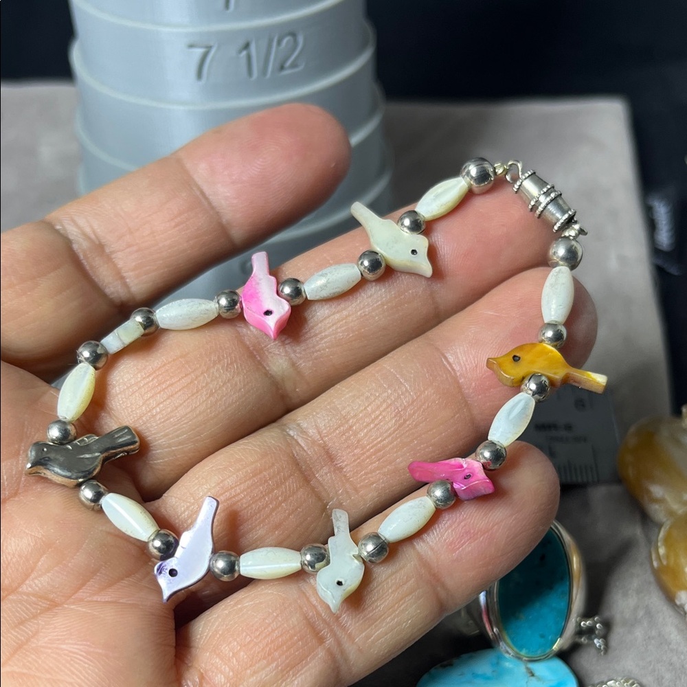 Natural Pearl Colorful Bird Charm Silver Bracelet 7”